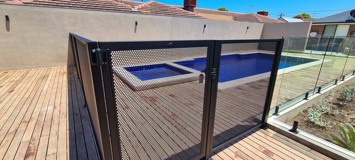 Pool Perf and glass combination fencing on a timber deck, SA